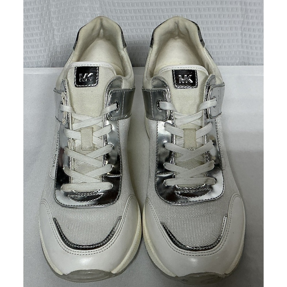 Michael Kors Women's Platform Sneakers Size 9.5 White/Grey/Metallic Silver Logo